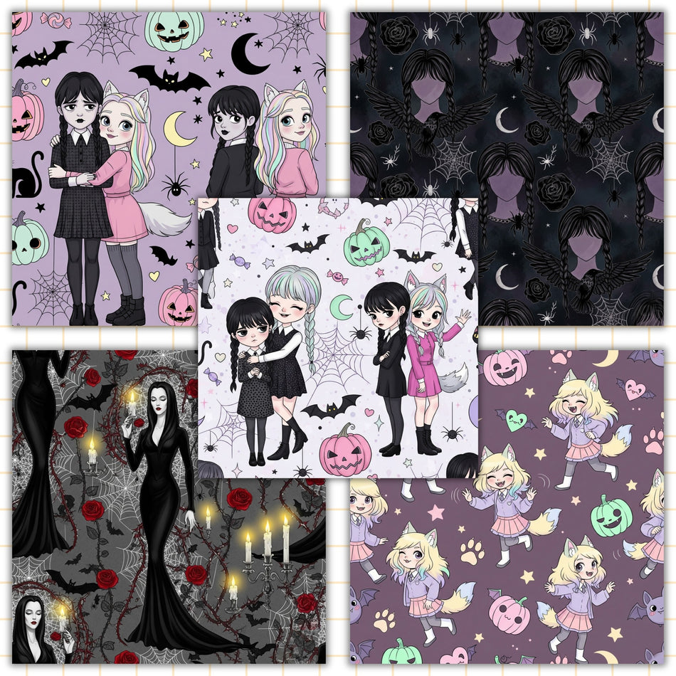 Wednesday Addams Halloween PNG Bundle | 6 Spooky Digital Paper Patterns | Instant Download - C84