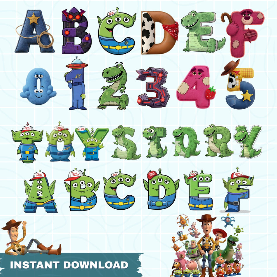 Toy Story Alphabet & Numbers PNG | 100+ Sublimation Designs | Woody & Buzz Font | Instant Download - C64