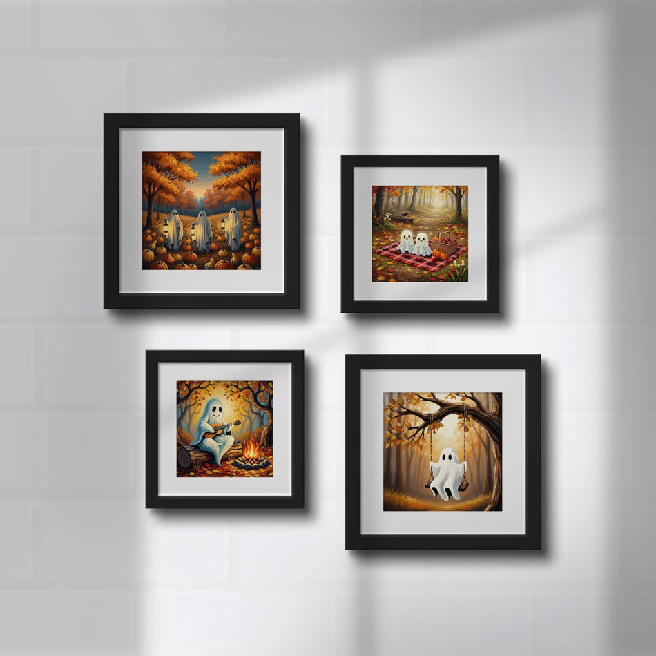 Halloween Ghost Wall Art PNG | 4 Cute Sublimation Designs | Autumn Forest & Pumpkins | Instant Download - C191
