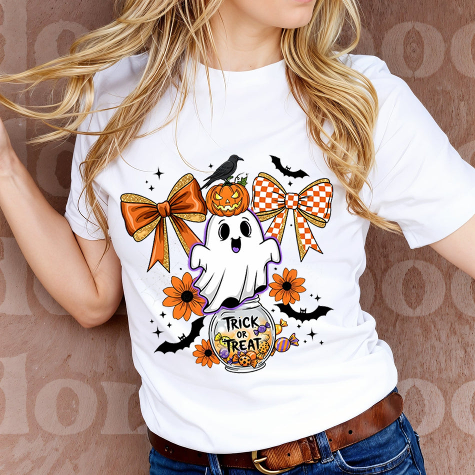 Trick or Treat Ghost PNG | Halloween Sublimation Design | Cute Ghost with Bows | Instant Download - C152