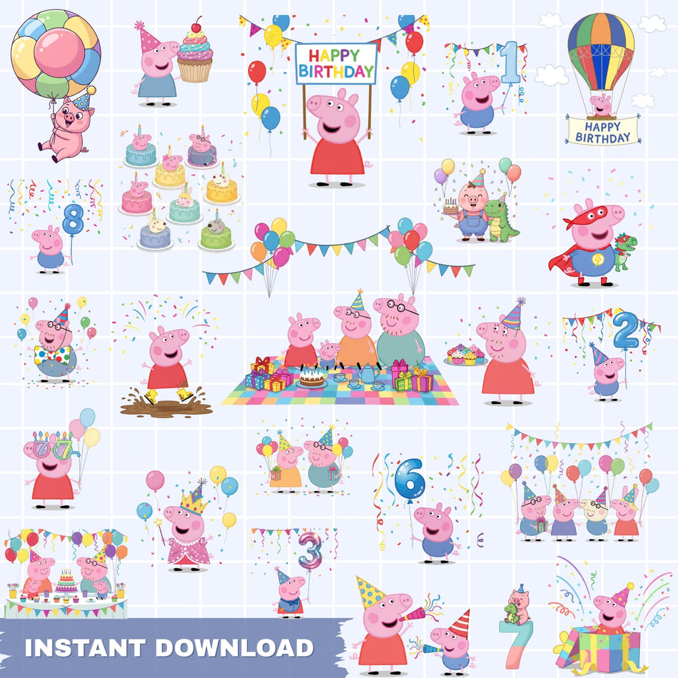 Peppa Pig Birthday PNG Bundle | 40+ Cute Party Clipart | Family Sublimation Designs | Instant Download - C72