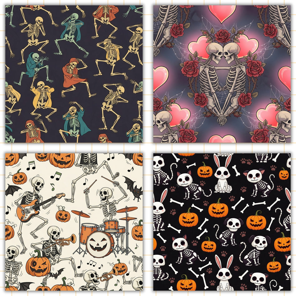 Halloween Skeleton Digital Paper | 4 Seamless PNG Patterns | Spooky Sublimation Designs | Instant Download - C86