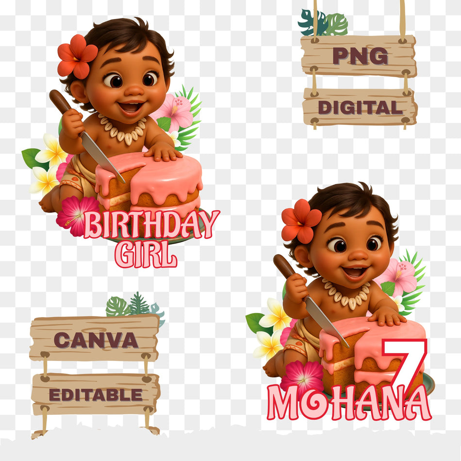 Editable Baby Moana PNG | Moana Birthday Sublimation | Personalized Name Design | Instant Download - C37