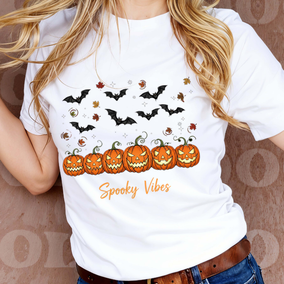Spooky Vibes PNG | Halloween Pumpkin & Bats Sublimation Design | Autumn T-shirt Art | Instant Download - C101