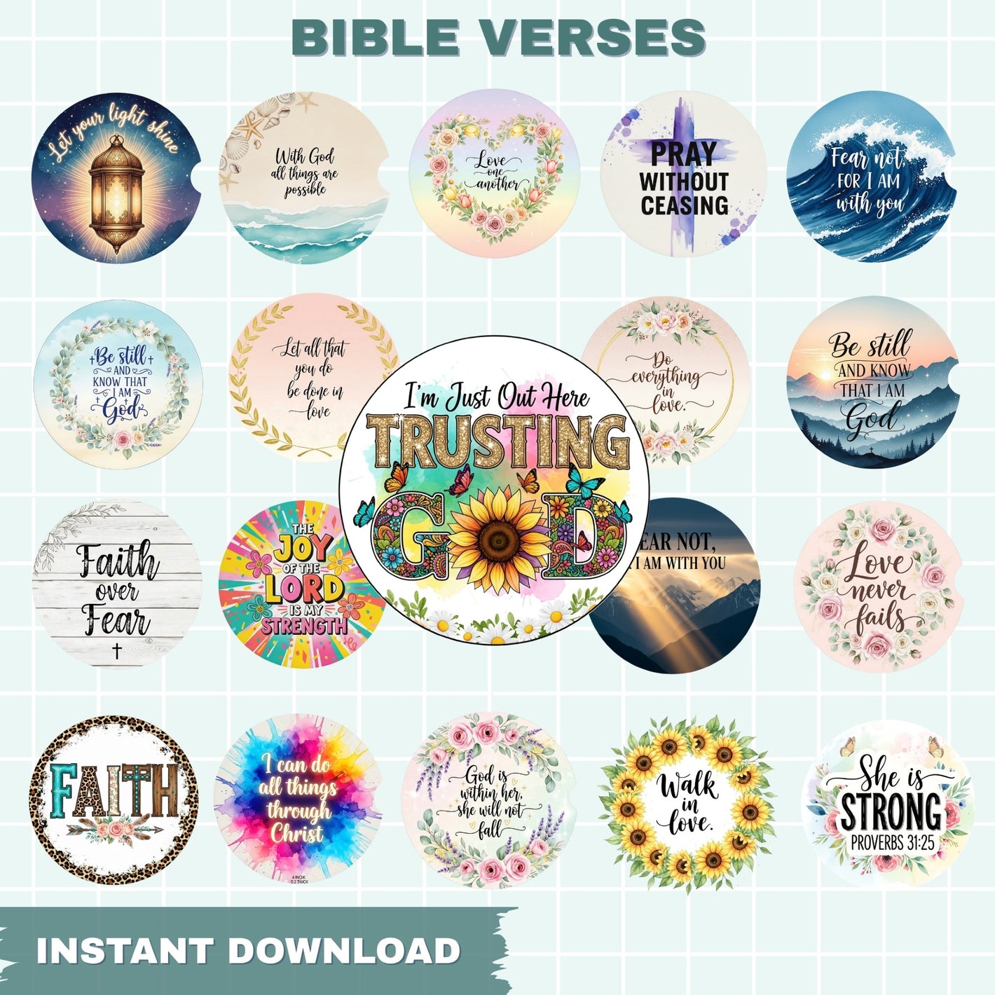 Collection of circular designs with Bible verses and motivational phrases on a white background.
