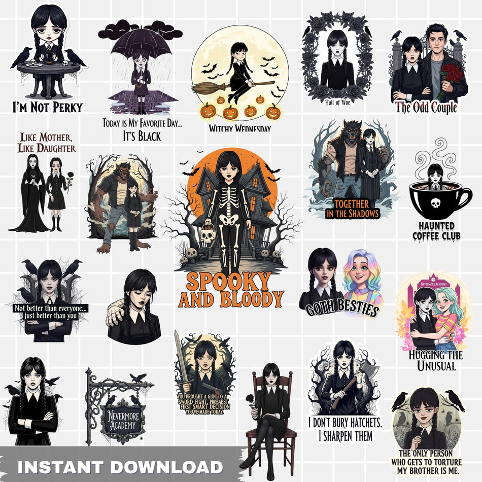 Wednesday Addams PNG Bundle | 27 Spooky & Goth Designs | Sublimation Clipart | Instant Download - C69
