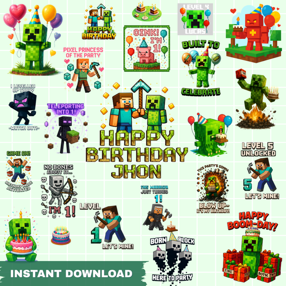 Minecraft Birthday PNG Bundle | 60+ Sublimation Designs | Editable Name & Age | Instant Download - C56