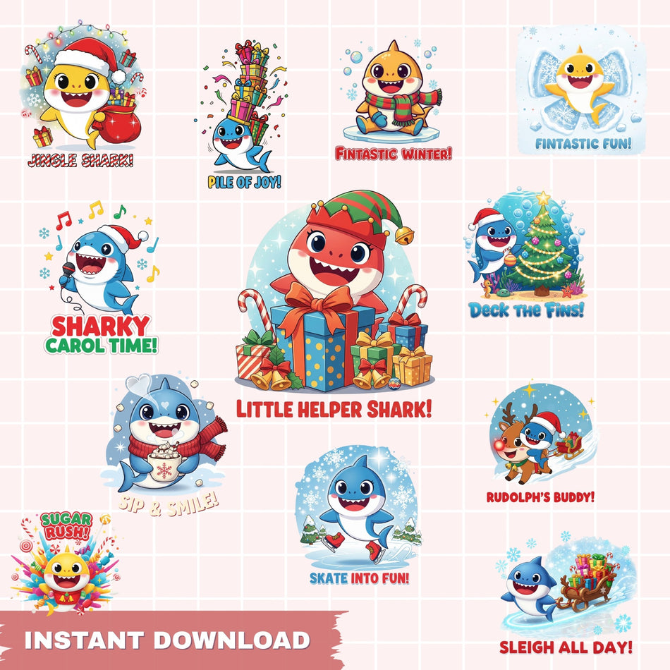 Baby Shark Christmas PNG Bundle | 13 Holiday Sublimation Designs | Instant Download - C79