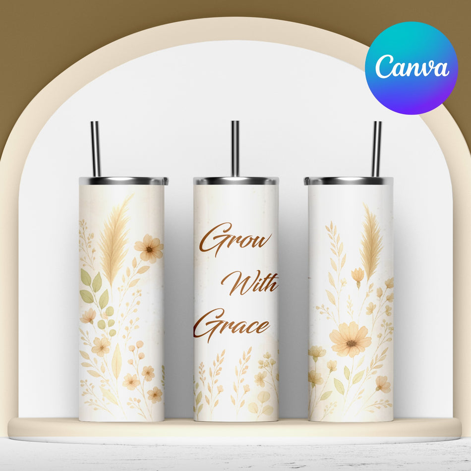 Grow With Grace Tumbler Wrap PNG | Floral Sublimation Design | 20oz Skinny Tumbler Wrap | Instant Download - C11