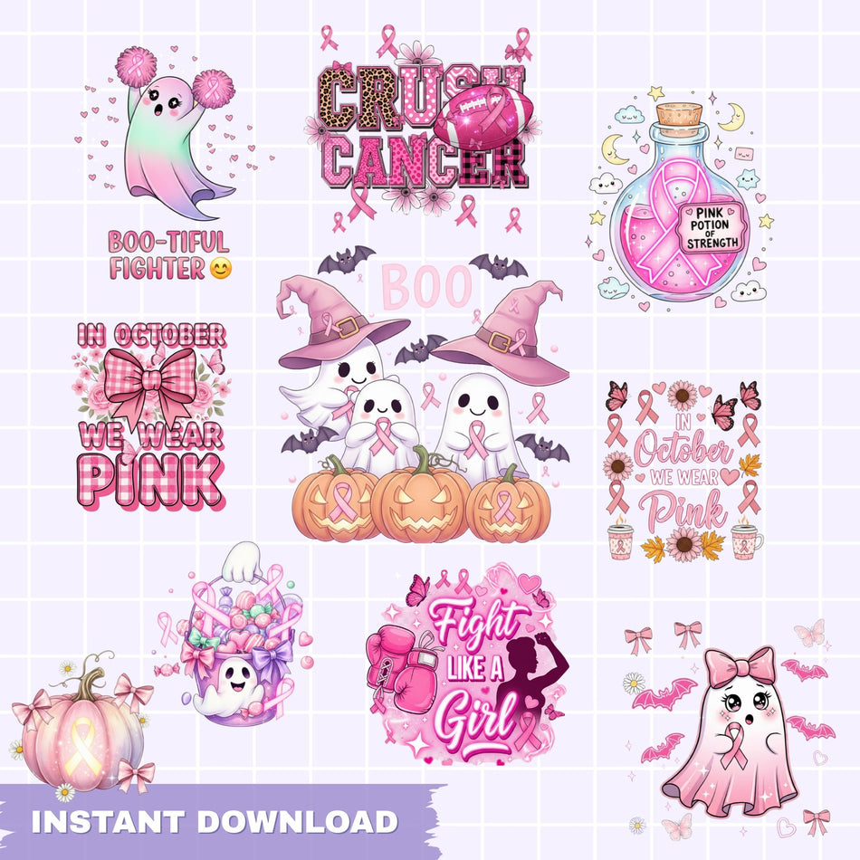 Breast Cancer Awareness PNG Bundle | 10 Pink Ribbon Sublimation Designs | Fight Like A Girl Clipart | Instant Download - C102
