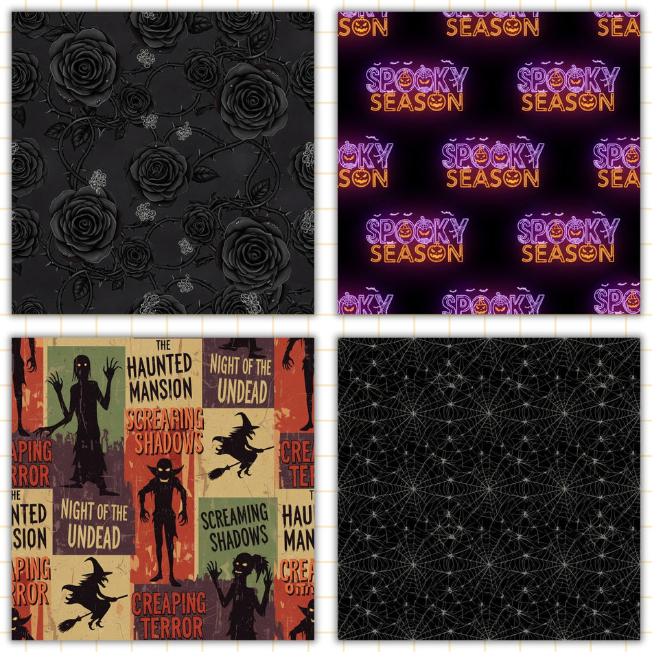 Halloween Digital Paper Bundle | 4 Seamless PNG Patterns | Gothic & Retro Spooky Sublimation Designs | Instant Download - C91
