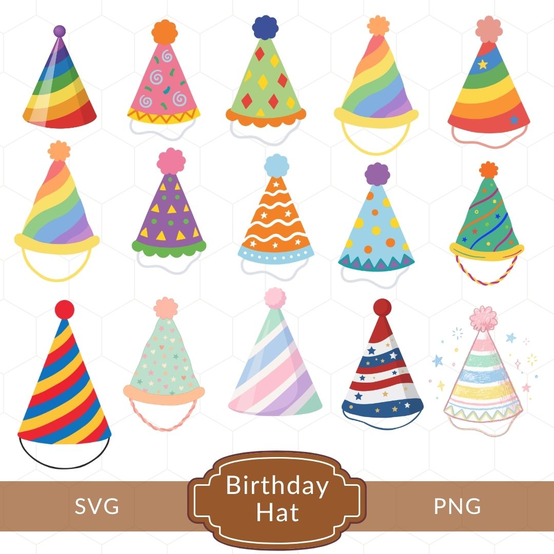 A digital graphic sheet showing 15 colorful birthday party hats arranged in a grid on a white background with a subtle hexagon pattern. Below the grid, a brown banner reads 'SVG Birthday Hat PNG'.