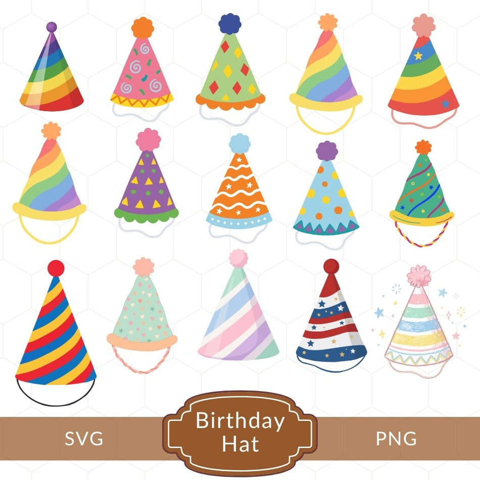 A digital graphic sheet showing 15 colorful birthday party hats arranged in a grid on a white background with a subtle hexagon pattern. Below the grid, a brown banner reads 'SVG Birthday Hat PNG'.