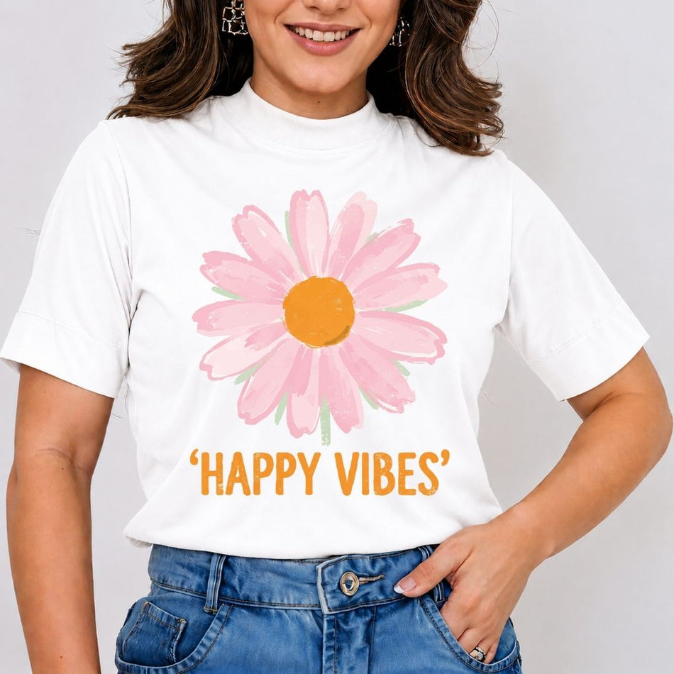 A woman wearing a white short-sleeve t-shirt with a pink daisy graphic and the text 'HAPPY VIBES' in orange, paired with blue jeans.