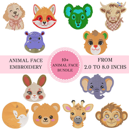 A digital preview sheet of an animal face embroidery bundle, featuring cartoon illustrations of various animals including a dog, fox, koala, cow, hippo, bear, rabbit, elephant, giraffe, monkey, and sleeping fox. Text overlays read 'ANIMAL FACE EMBROIDERY', '10+ ANIMAL FACE BUNDLE', and 'FROM 2.