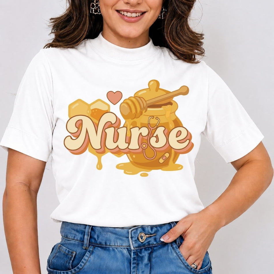Person wearing a white t-shirt with 'Nurse' design and honey graphics.