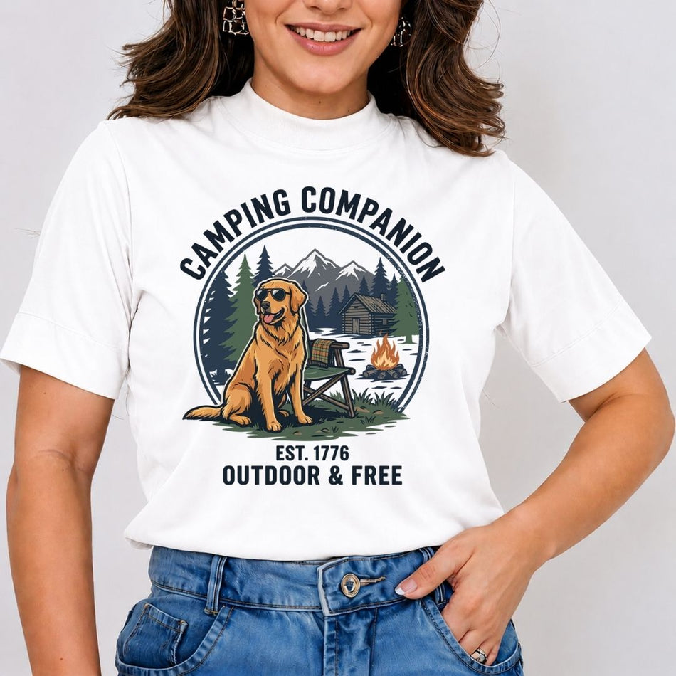 Person wearing a white t-shirt with a camping-themed graphic and text.
