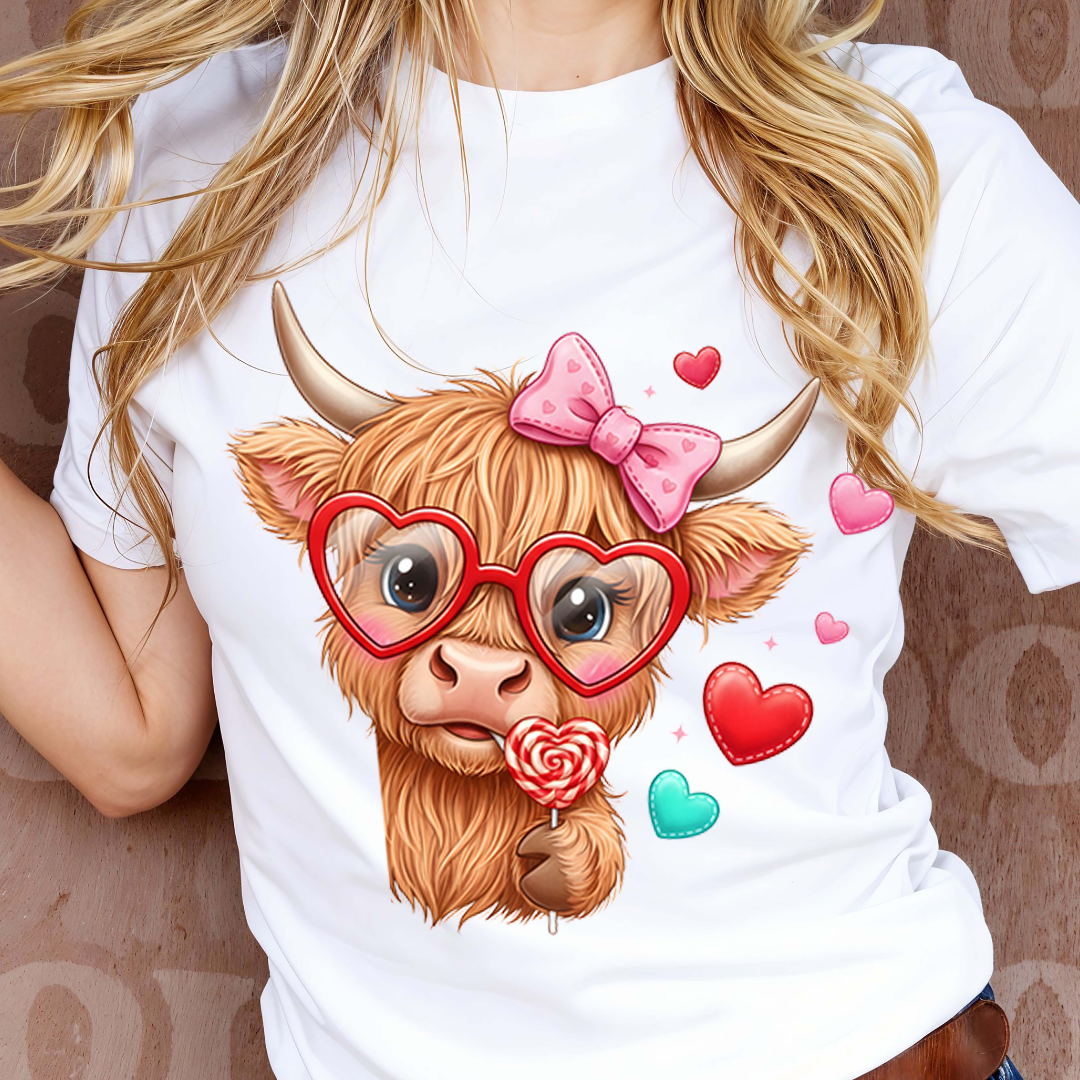 Person wearing a white t-shirt with a cartoon cow design holding a lollipop and hearts.
