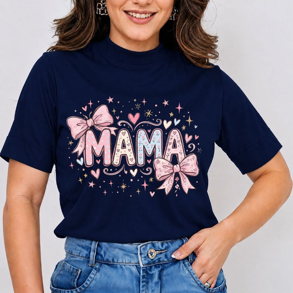 Women's Navy Blue Mock Neck T-Shirt with Coquette Mama Design