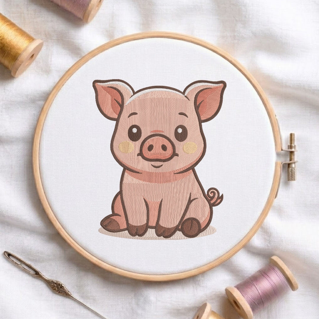 A circular embroidery hoop holding white fabric with a cartoon pig design in the center, surrounded by spools of thread and a needle on a white fabric background.