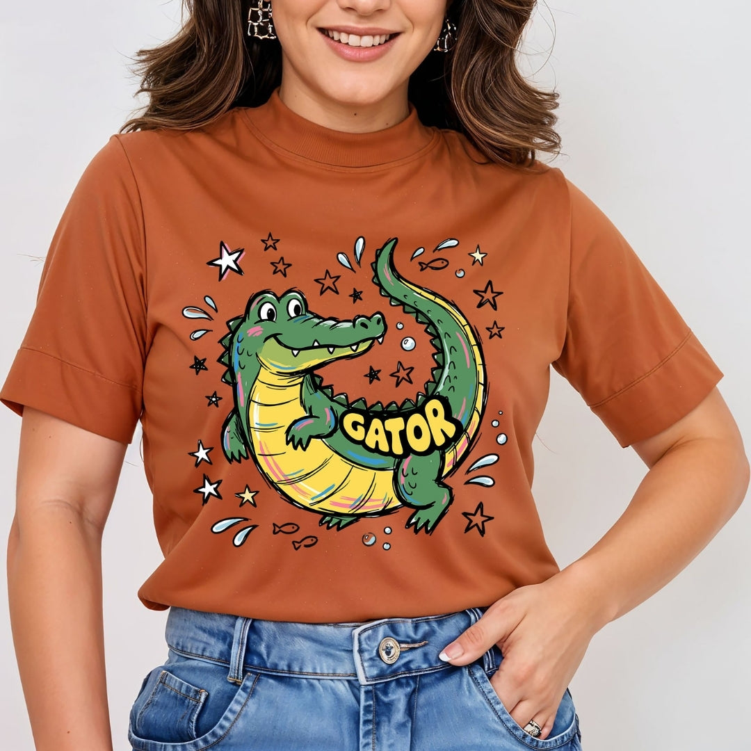 Women's Terracotta T-Shirt with Cartoon Alligator Graphic