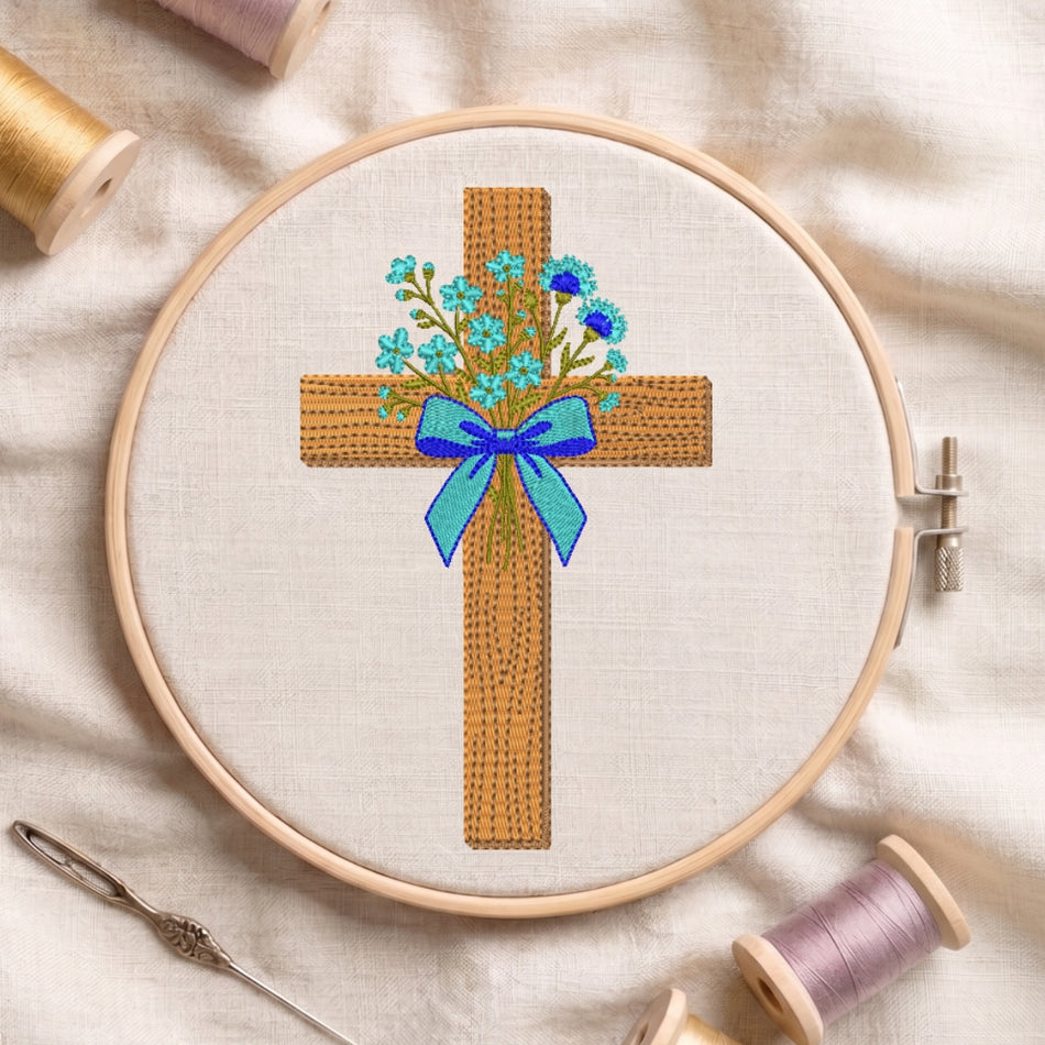 Wooden Christian Cross with Flowers Embroidery Design ED 24