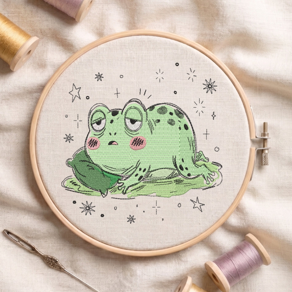 Sleepy Tired Frog on Pillow Machine Embroidery Design ED 44