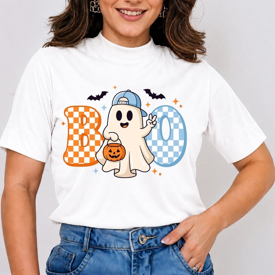 Woman wearing a white t-shirt featuring a cute Halloween ghost wearing a cap holding a pumpkin bucket with checkerboard "BOO" text.
