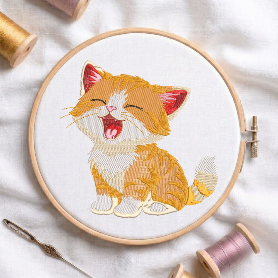 Cute Yawning Kitten Embroidery Design, Happy Orange Tabby Cat Machine Embroidery File, Laughing Kitty Hoop Pattern, Instant Download PES DST