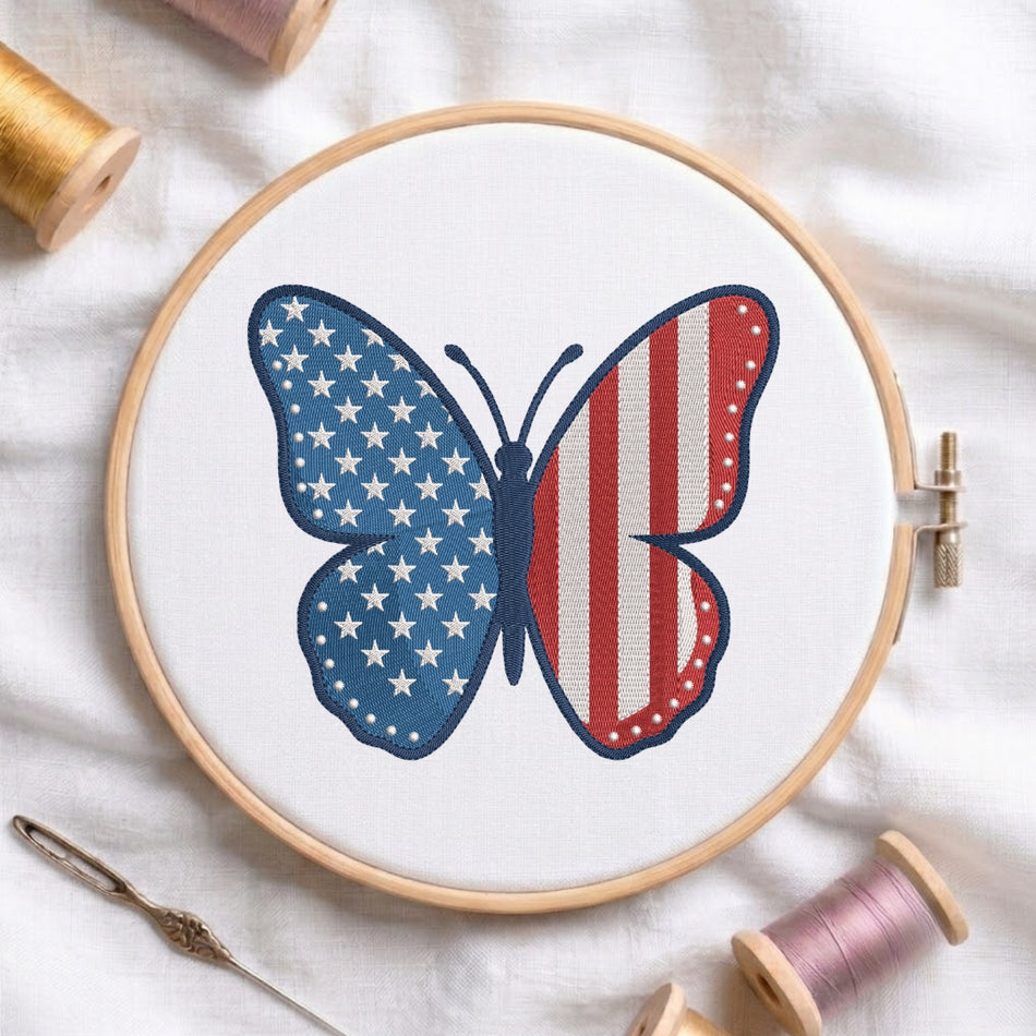 Patriotic American Flag Butterfly Machine Embroidery Design - ED 300