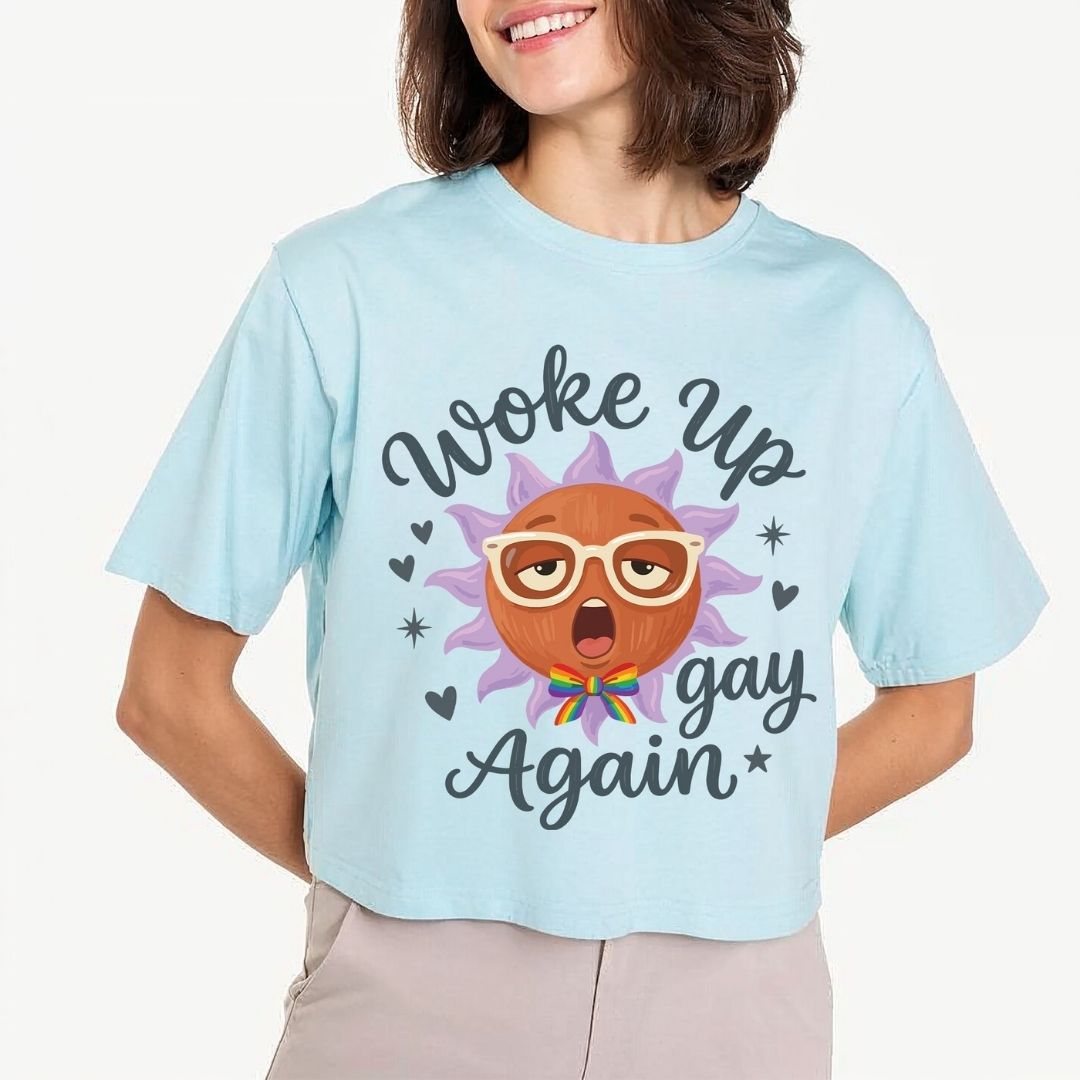 Cute Woke Up Gay Again PNG | Light Blue Crop Tee Sun Mascot Pride Design