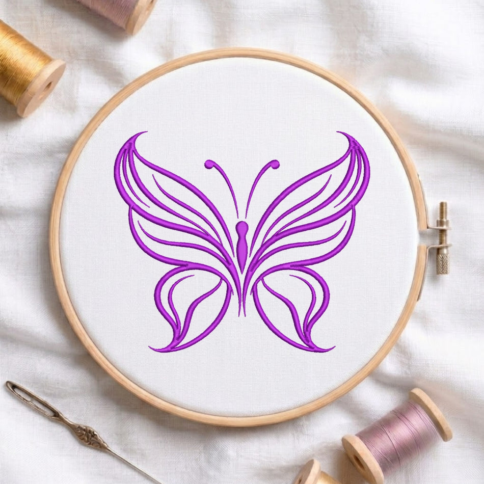 Elegant Continuous Line Art Purple Butterfly Machine Embroidery Design ED 236