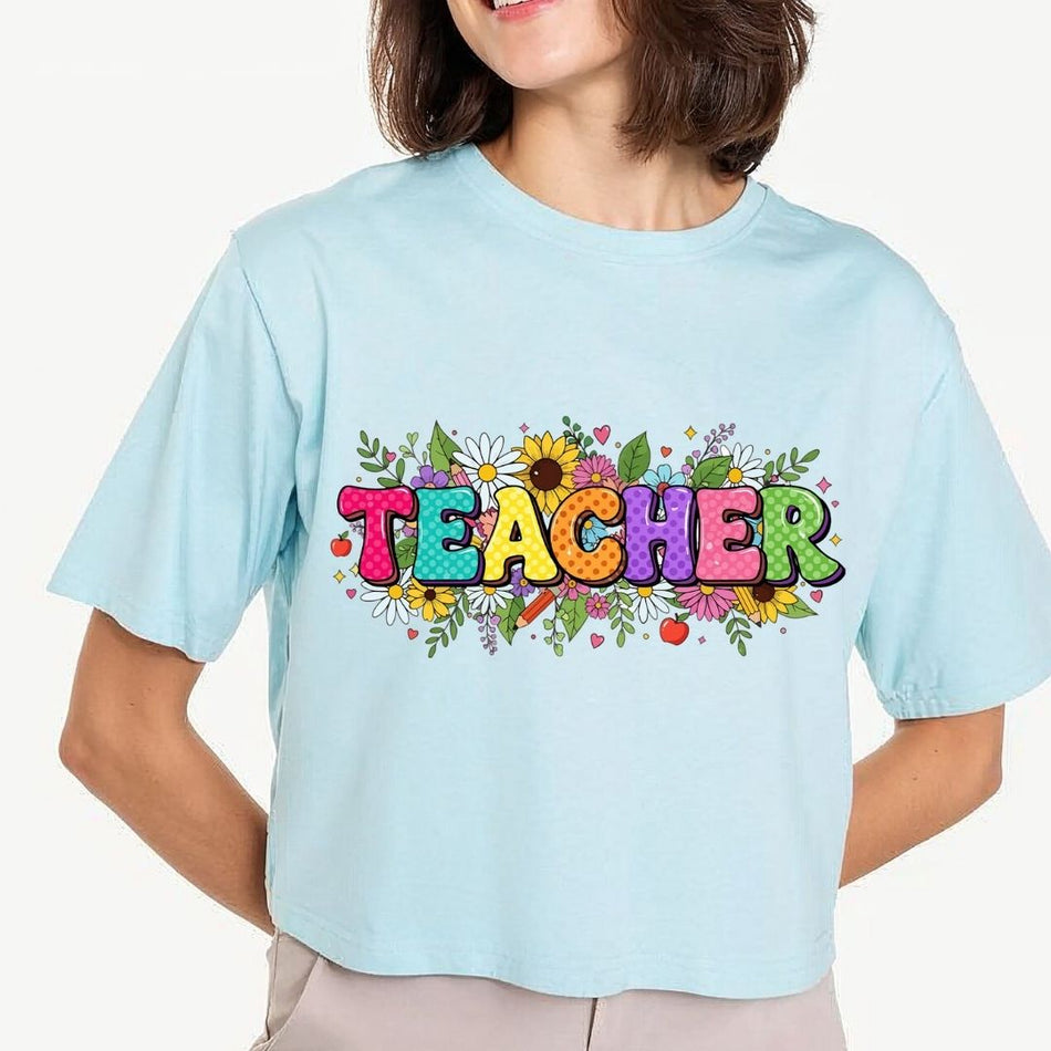Floral Teacher SVG PNG, Colorful Wildflower School Clipart, Retro Teacher Appreciation Sublimation Graphic File