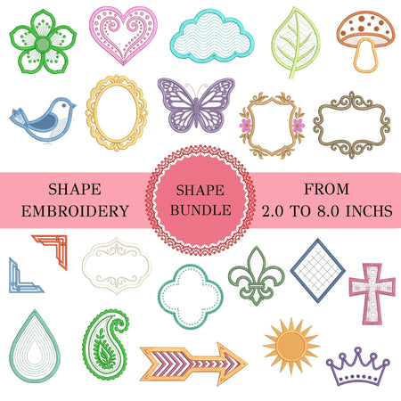  Shape embroidery bundle showcasing various digital machine embroidery designs including flowers, hearts, clouds, frames, and butterflies ranging from 2.0 to 8.0 inches   