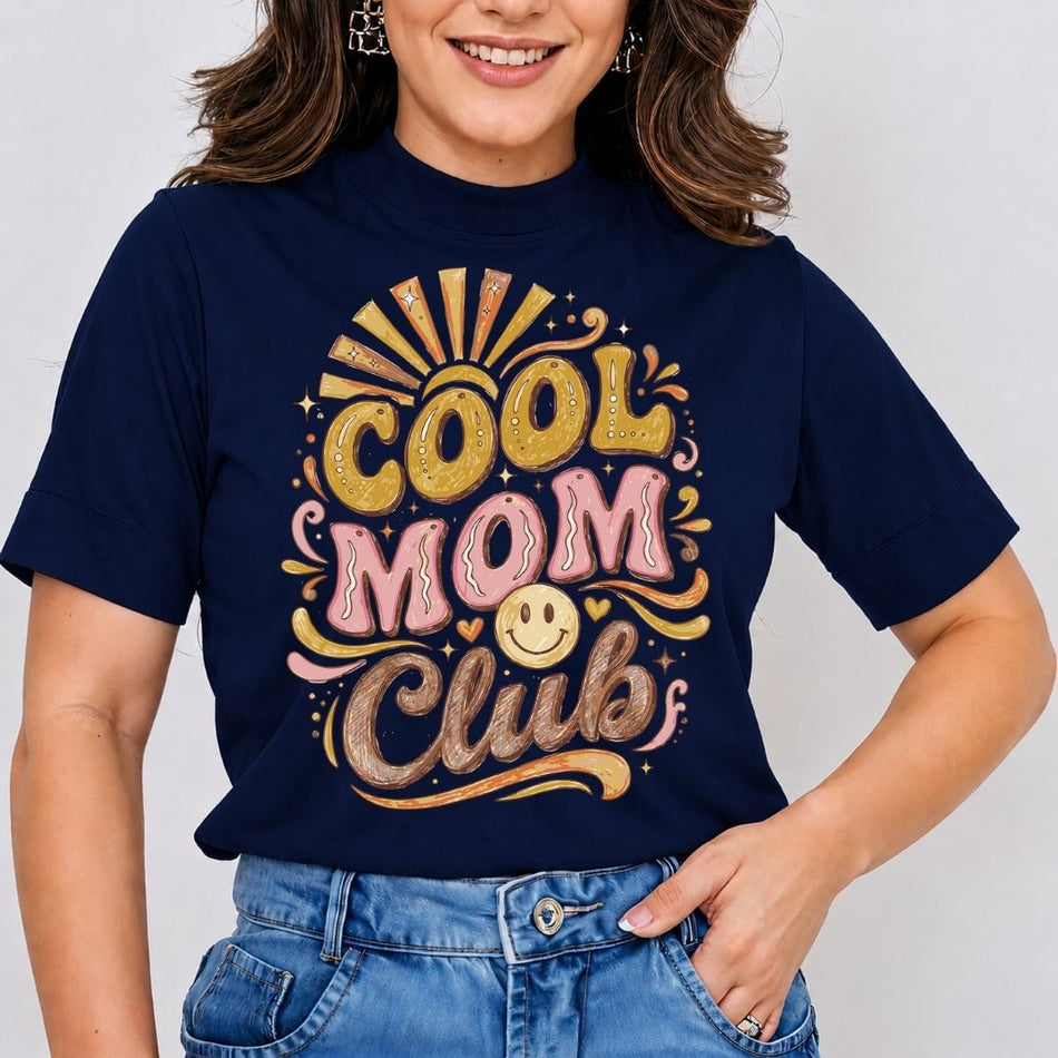 Cool Mom Club Shirt, Retro Groovy Navy Blue T-Shirt, Mother's Day Gift Idea, Aesthetic Vintage Smiley Face Graphic Tee, Trendy Mama Apparel