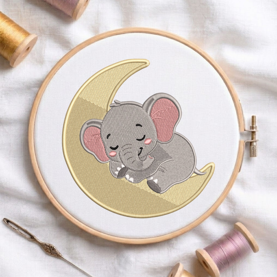 Cute Sleeping Baby Elephant on Moon Machine Embroidery Design - ED 338