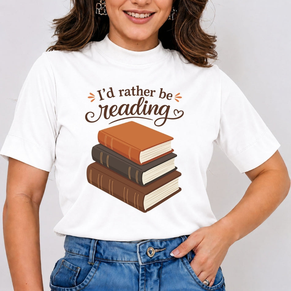 Women's White Mock Neck T-Shirt with I'd Rather Be Reading Graphic