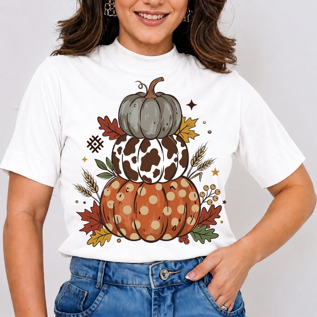 Person wearing a white t-shirt with pumpkins and autumn leaves design.