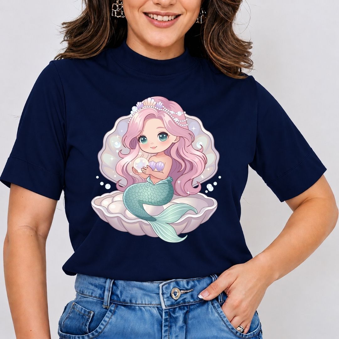 A woman wearing a navy blue short-sleeve t-shirt with a colorful cartoon mermaid graphic on the front, paired with blue jeans, against a light gray background.