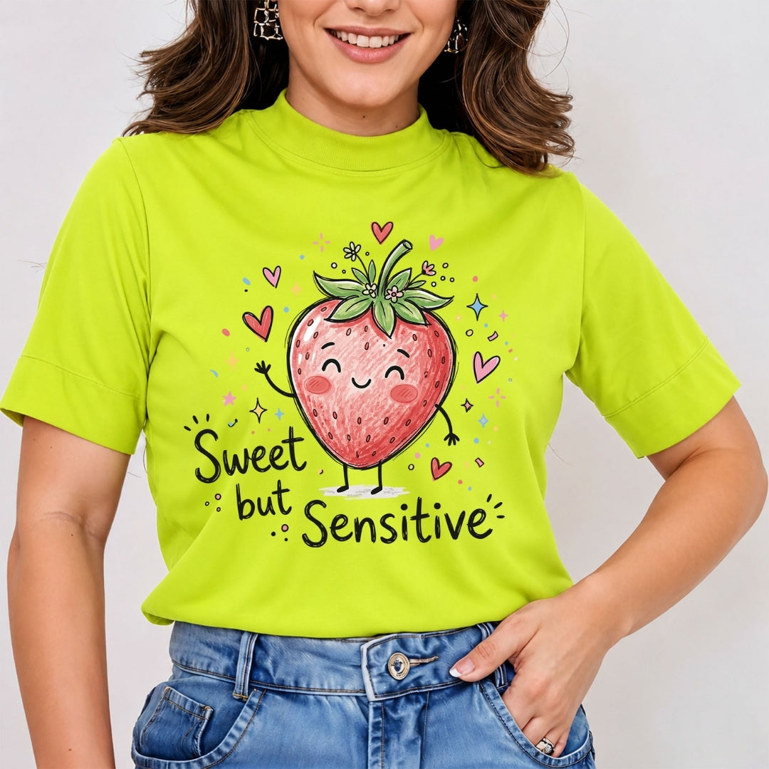 Women's Neon Green T-Shirt with Sweet but Sensitive Strawberry Graphic