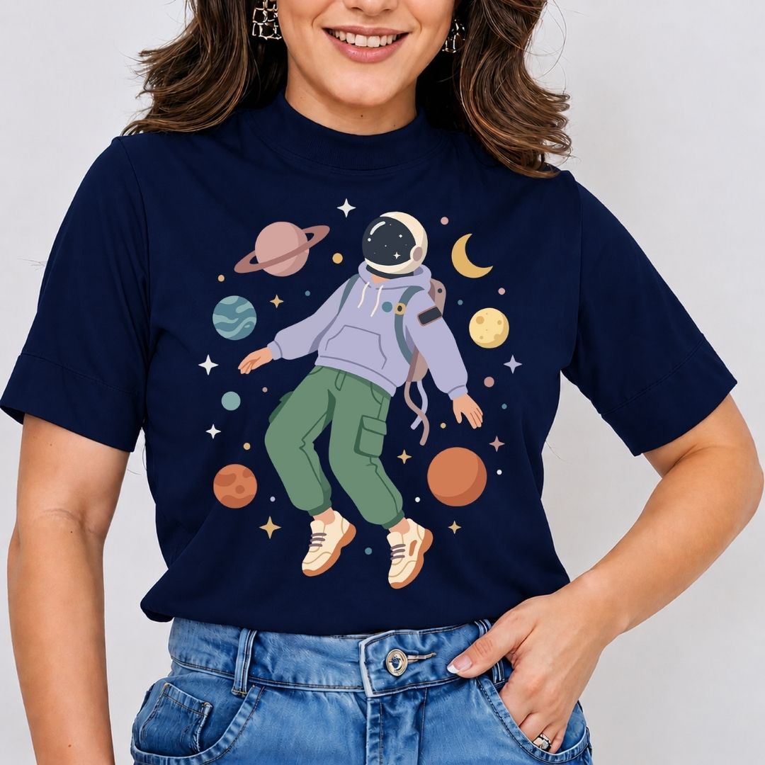Person wearing a navy blue t-shirt with an astronaut graphic and space-themed design.