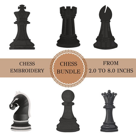 Six black chess piece embroidery designs arranged around a tan banner that reads 'CHESS EMBROIDERY', 'CHESS BUNDLE', and 'FROM 2.0 TO 8.