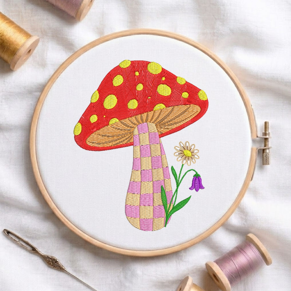 Retro Checkered Mushroom with Wildflowers Machine Embroidery Design ED 262