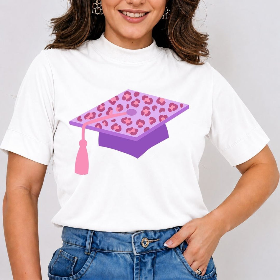 Purple Graduation Cap PNG - Leopard Print Senior Ribbon Shirt A 1787