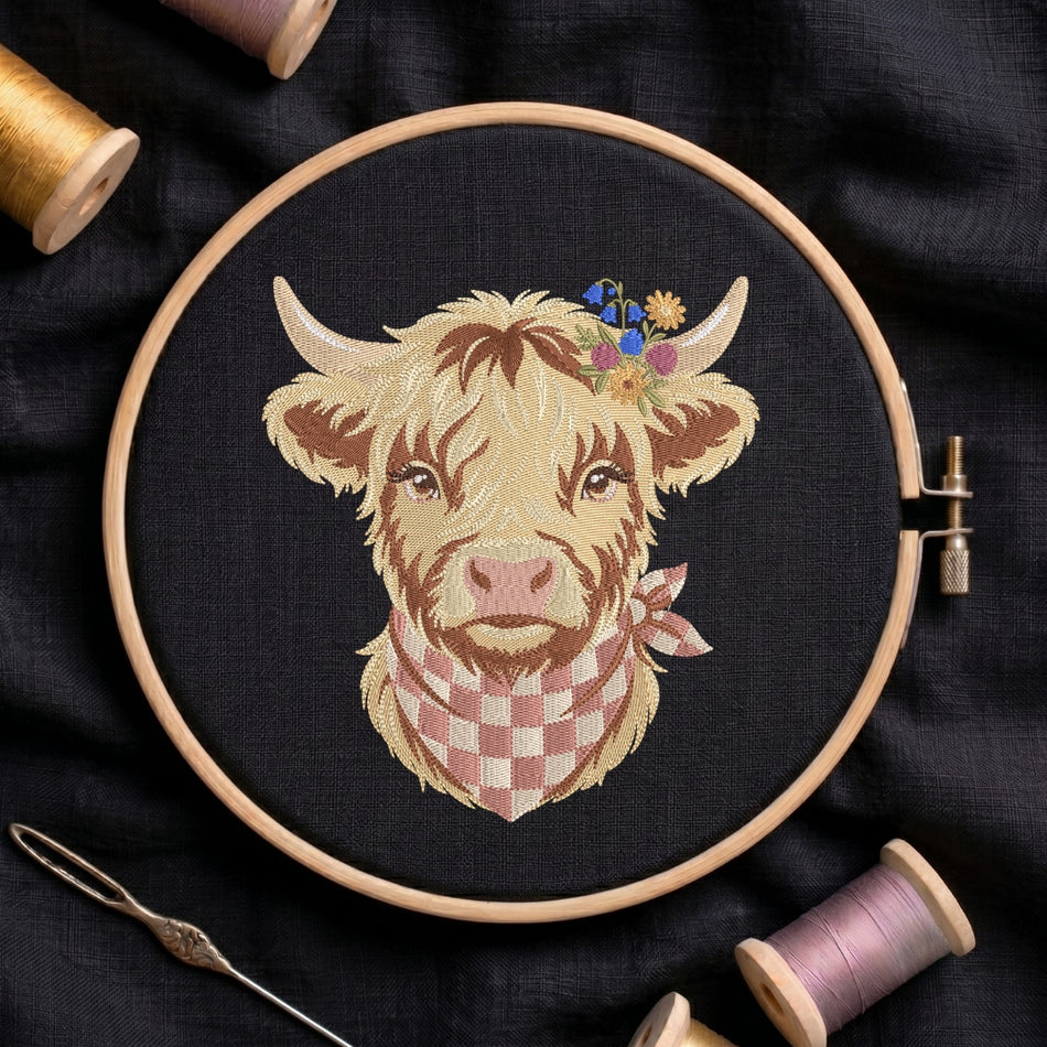Highland Cow with Bandana Machine Embroidery Design ED 25
