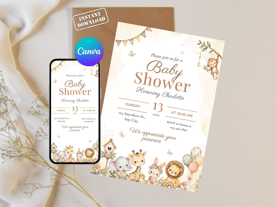 Safari Baby Shower Invitation Canva Template Boho Jungle - A 1443