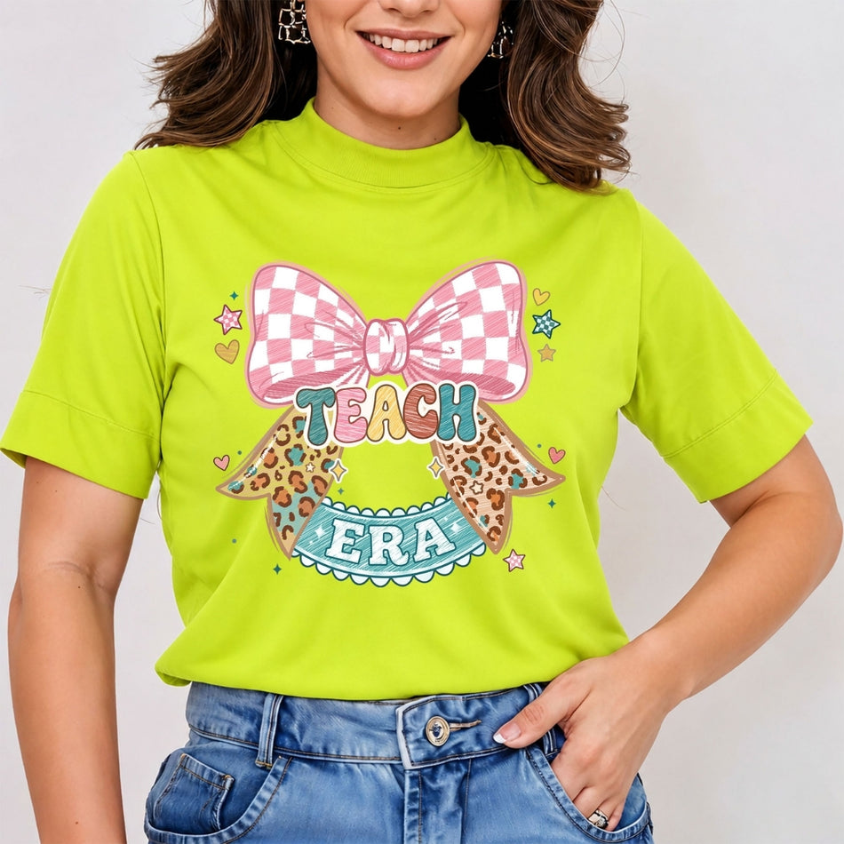 Women's Lime Green T-Shirt with Retro Teach Era Bow Design