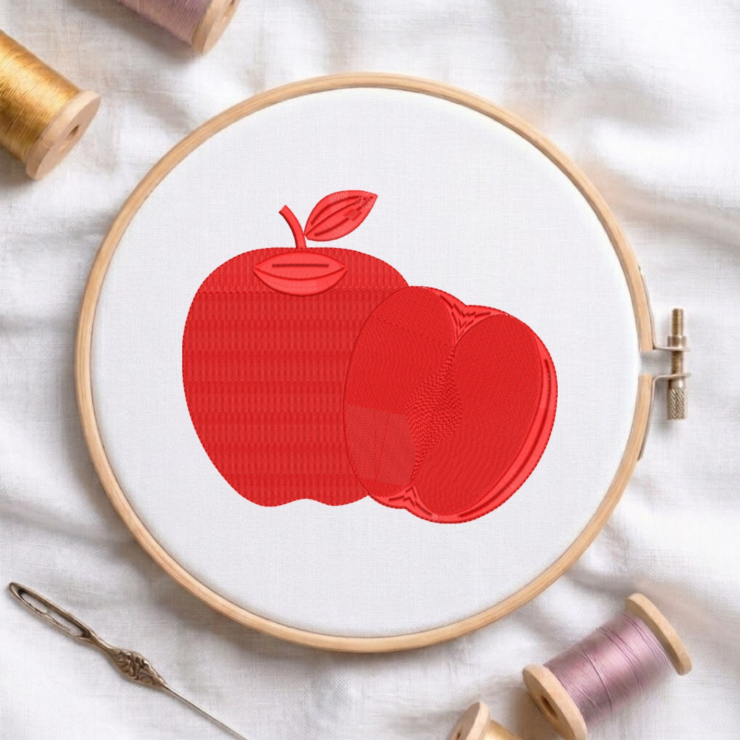 Red Apple Machine Embroidery Design, Autumn Fruit Embroidery File, Apple Slice Pattern for T-Shirts & Tote Bags, Instant Digital Download