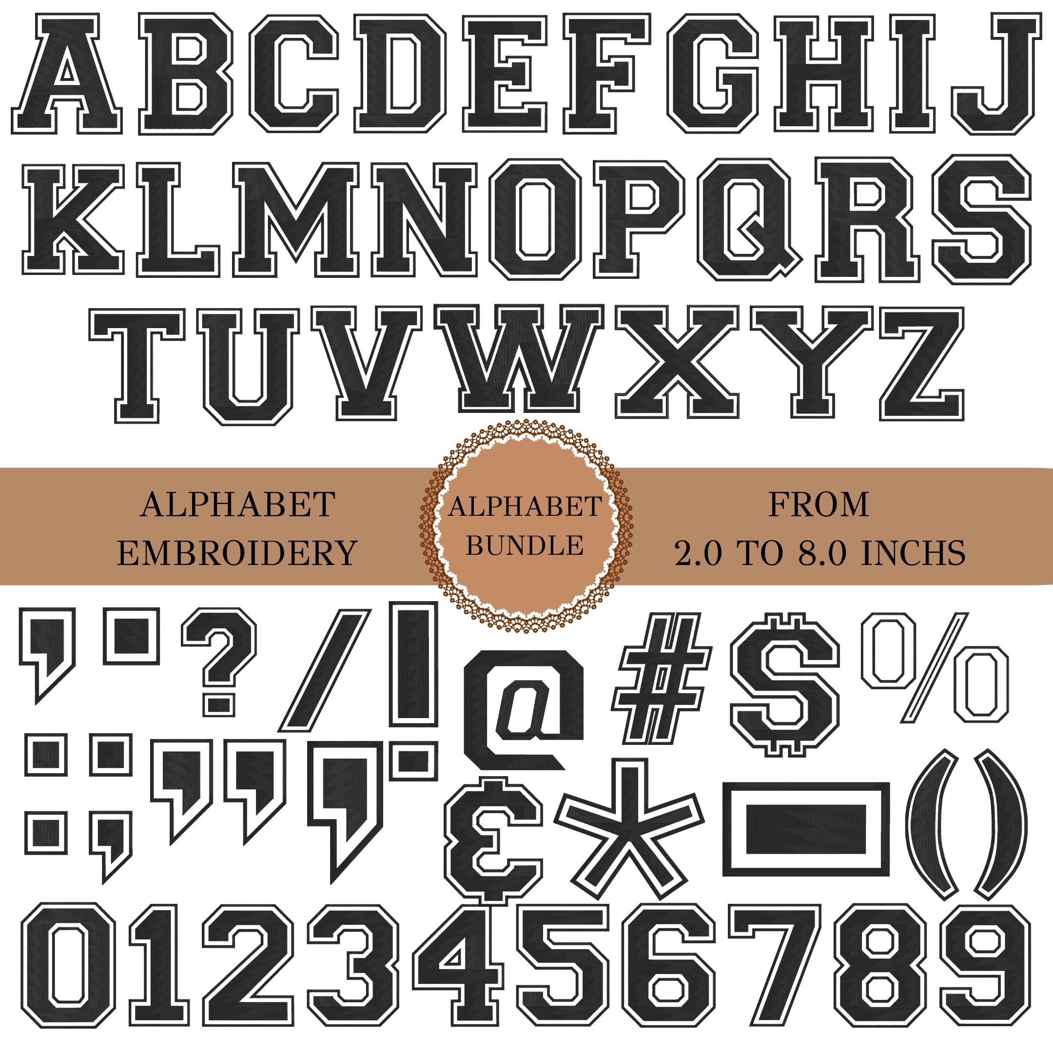 Alphabet embroidery font preview sheet showing uppercase and lowercase letters, numbers 0-9, punctuation and symbols, with a tan banner reading 'ALPHABET EMBROIDERY', 'ALPHABET BUNDLE', and 'FROM 2.0 TO 8.