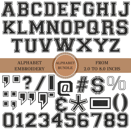 Alphabet embroidery font preview sheet showing uppercase and lowercase letters, numbers 0-9, punctuation and symbols, with a tan banner reading 'ALPHABET EMBROIDERY', 'ALPHABET BUNDLE', and 'FROM 2.0 TO 8.